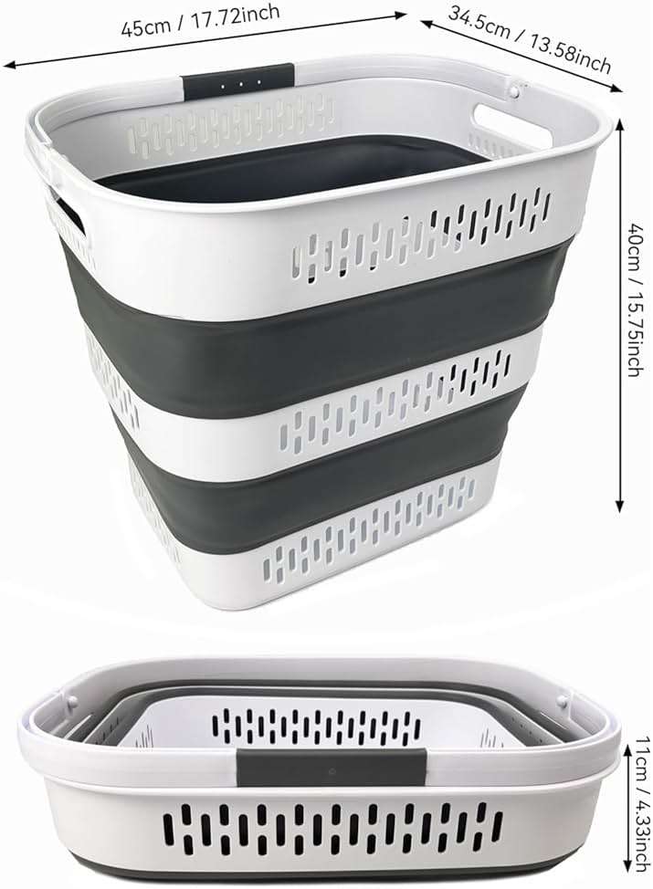 SAMMART 40L (10.5 Gallon) Collapsible Plastic Laundry Basket with Handles - Foldable Pop Up Storage Container/Organizer - Portable Laundry Hamper - Space Saving (1, White/Steel Grey) - Image 3