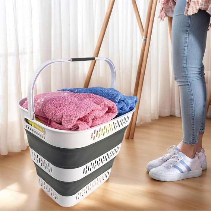 SAMMART 40L (10.5 Gallon) Collapsible Plastic Laundry Basket with Handles - Foldable Pop Up Storage Container/Organizer - Portable Laundry Hamper - Space Saving (1, White/Steel Grey) - Image 5