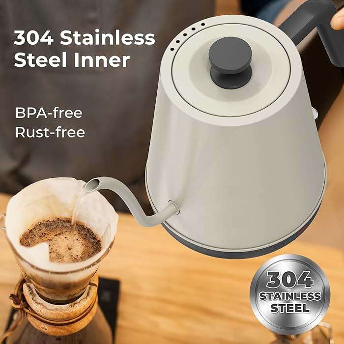 NYOTA Gooseneck Electric Kettle, 0.8L Electric Tea Kettle of 304 Stainless Steel, 1200W Quick Heating, Automatic Shut Off Coffee Kettle, Hot Water Boiler, Bone White - Image 5