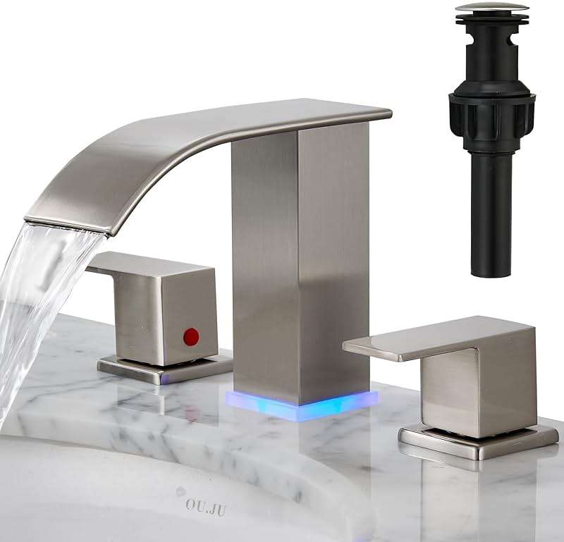 Bathroom faucets 3 Hole Brushed Nickel Vanity Faucet with led Waterfall Bathroom Faucet 3 Hole Sink Faucet Bathroom 8 inch Widespread Modern Parts Touch on 2 Handle - Image 1