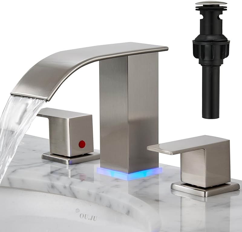 Bathroom faucets 3 Hole Brushed Nickel Vanity Faucet with led Waterfall Bathroom Faucet 3 Hole Sink Faucet Bathroom 8 inch Widespread Modern Parts Touch on 2 Handle - Product Image