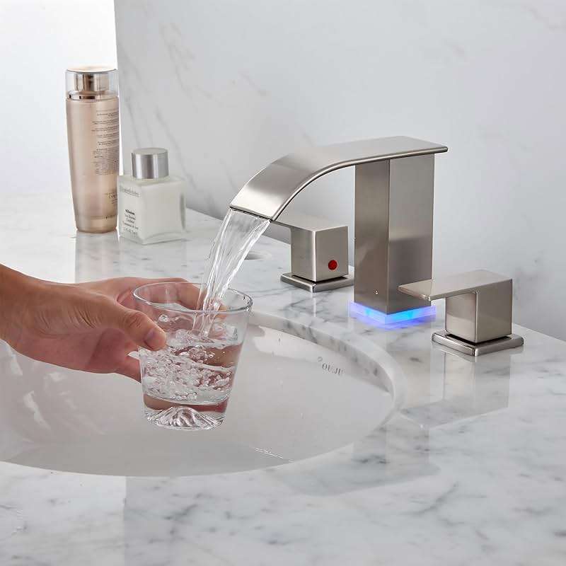 Bathroom faucets 3 Hole Brushed Nickel Vanity Faucet with led Waterfall Bathroom Faucet 3 Hole Sink Faucet Bathroom 8 inch Widespread Modern Parts Touch on 2 Handle - Image 2