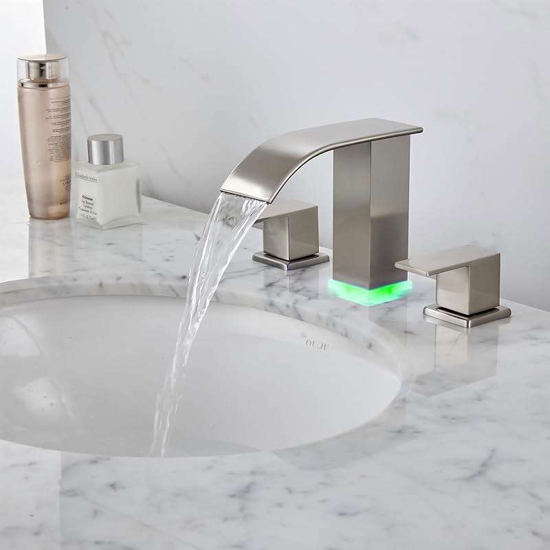 Bathroom faucets 3 Hole Brushed Nickel Vanity Faucet with led Waterfall Bathroom Faucet 3 Hole Sink Faucet Bathroom 8 inch Widespread Modern Parts Touch on 2 Handle - Image 6
