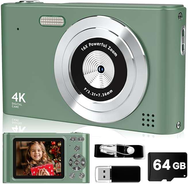 Digital Camera, 44MP Full HD 1080P Point and Shoot Camera with 64GB Card, Anti Shake 16X Zoom Compact Volg Cameras, Portable Small Camara Gift for Kids, Ages Teen Girl Boy - Green - Image 1