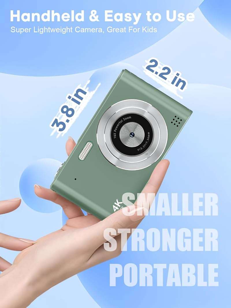 Digital Camera, 44MP Full HD 1080P Point and Shoot Camera with 64GB Card, Anti Shake 16X Zoom Compact Volg Cameras, Portable Small Camara Gift for Kids, Ages Teen Girl Boy - Green - Image 3