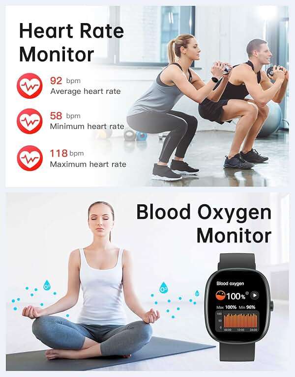 HUAKUA Smart Watches for Women Men Compatible with iPhone/Android Phones Answer/Make Calls, 1,85" HD Fitness Tracker with Heart Rate/Sleep Monitor Pedometer for Walking Running, Waterproof, Black - Image 5