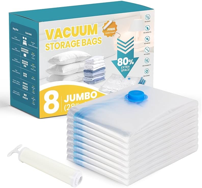 Vacuum Storage Bags, 8-Jumbo Space Saver Vacuum Storage Bags, Vacuum Seal Bags for Clothing, Clothes, Comforters and Blankets - Product Image