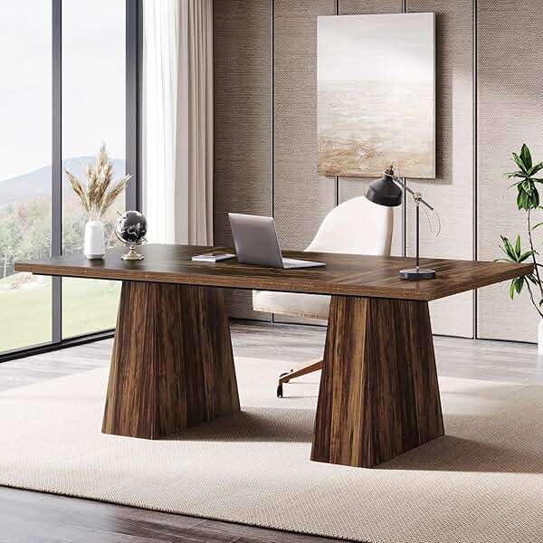 Tribesigns 63-Inch Executive Desk, Large Office Computer Desk with Double Pedestal, Modern Simple Workstations Writing Table Conference Table Business Furniture for Home Office, Rustic Brown - Image 1