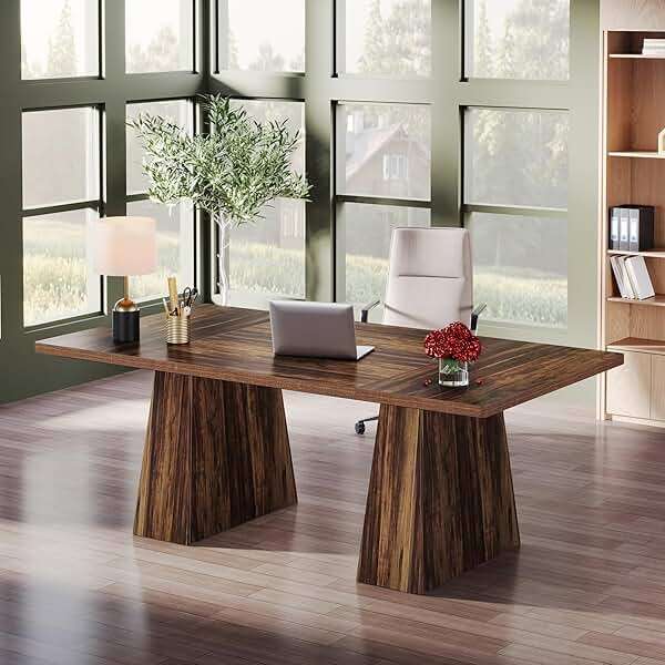 Tribesigns 63-Inch Executive Desk, Large Office Computer Desk with Double Pedestal, Modern Simple Workstations Writing Table Conference Table Business Furniture for Home Office, Rustic Brown - Image 4