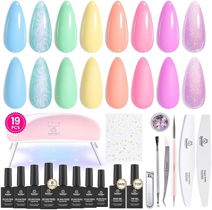 Beetles Gel Nail Polish Kit with U V Light: 19 Pcs Garden Party Pastel 8 Colors Soak Off Gel Nail Set with Base and Top Coat, Sticker accessories All in One Manicure Party Favors - Product Image