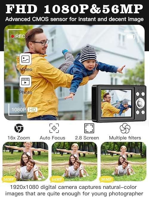 Upgrade Digital Camera, 56MP FHD 1080P for Kids with 16x Zoom Anti Shake, 32GB TF Card, Two Batteries, Lanyard, Compact Small for Boys Girls (Black) - Image 2