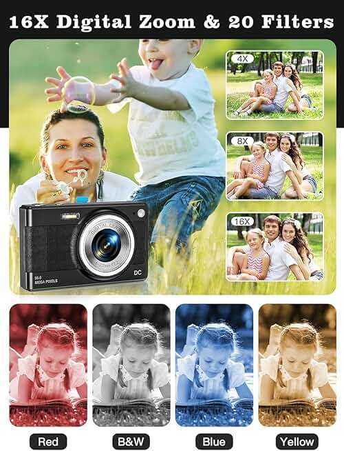 Upgrade Digital Camera, 56MP FHD 1080P for Kids with 16x Zoom Anti Shake, 32GB TF Card, Two Batteries, Lanyard, Compact Small for Boys Girls (Black) - Image 3