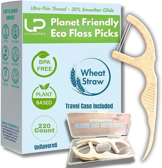 Twin Line Dental Floss Picks (220 Count) – Double Thread Tooth Flossers for 2X Cleaning, Thin & Shred-Resistant Floss, Wheat-Straw Handle | Travel Case Included Holds up to 10 Picks - Product Image