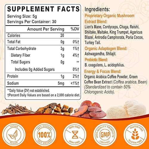 Mushroom Coffee - Mushroom Coffee Organic with 11 Superfood Mushrooms, Includes Lion's Mane, Reishi, Chaga, Cordyceps and Adaptogens, Mushroom Supplement for Energy, Focus, Memory and Immunity - 5.3oz - Image 2