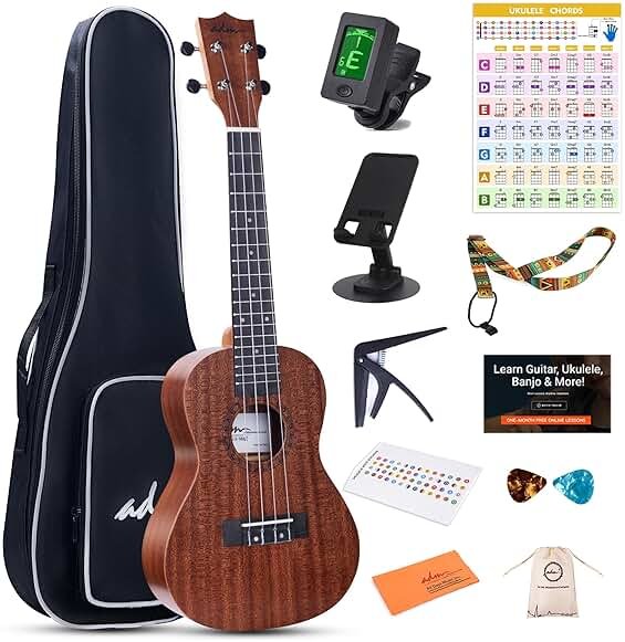 ADM Ukulele Beginner Kit Mahogany Hawaiian Wood Ukelele Bundle Ukalalee Set with Uke Free Starter Lessons for kids Students and Adults, Yellow Brown (Khaki, 23 inch) - Product Image
