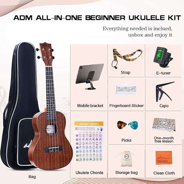 ADM Ukulele Beginner Kit Mahogany Hawaiian Wood Ukelele Bundle Ukalalee Set with Uke Free Starter Lessons for kids Students and Adults, Yellow Brown (Khaki, 23 inch) - Image 3
