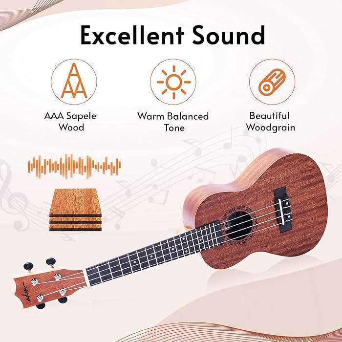 ADM Ukulele Beginner Kit Mahogany Hawaiian Wood Ukelele Bundle Ukalalee Set with Uke Free Starter Lessons for kids Students and Adults, Yellow Brown (Khaki, 23 inch) - Image 5