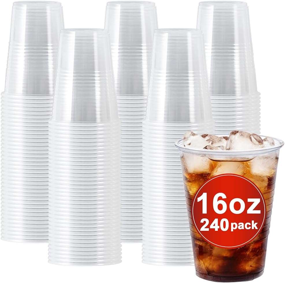 Clawsoff Plastic Cups 16 oz, 240 Pack - Clear Plastic Cups Disposable, Cold Drinking, Ice Coffee Cup for Party, Birthday, Holiday, Events & Everyday Use,Cold,Hot - Image 1