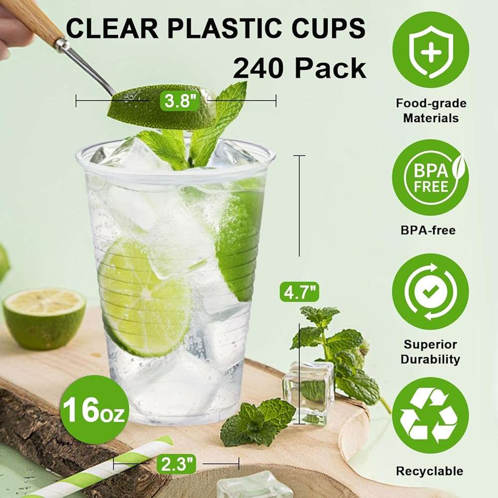 Clawsoff Plastic Cups 16 oz, 240 Pack - Clear Plastic Cups Disposable, Cold Drinking, Ice Coffee Cup for Party, Birthday, Holiday, Events & Everyday Use,Cold,Hot - Image 3
