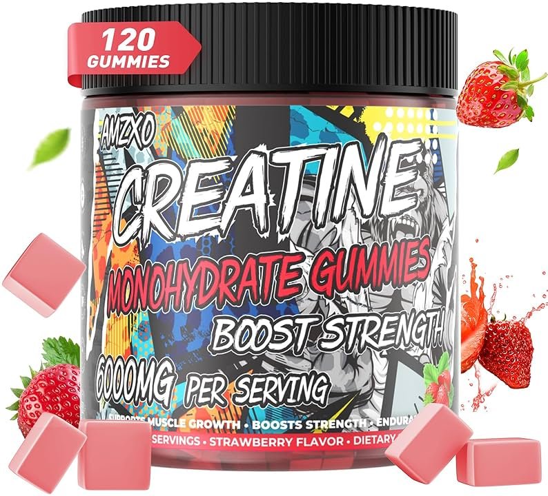 AMZXO Creatine Monohydrate Gummies 6g for Men Women,Complex Creatine Monohydrate Chewable for Muscle Strength,Muscle Building,Energy Boost,Pre-Workout Energy Supplement,Vegan Strawberry - 120 Count - Product Image