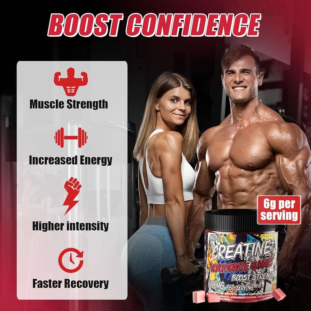 AMZXO Creatine Monohydrate Gummies 6g for Men Women,Complex Creatine Monohydrate Chewable for Muscle Strength,Muscle Building,Energy Boost,Pre-Workout Energy Supplement,Vegan Strawberry - 120 Count - Image 2
