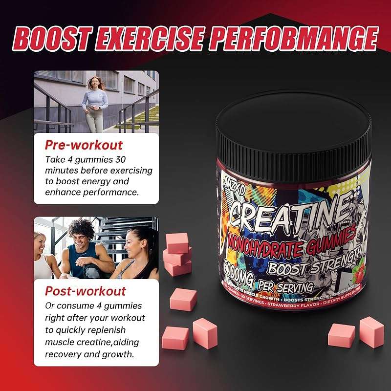 AMZXO Creatine Monohydrate Gummies 6g for Men Women,Complex Creatine Monohydrate Chewable for Muscle Strength,Muscle Building,Energy Boost,Pre-Workout Energy Supplement,Vegan Strawberry - 120 Count - Image 3