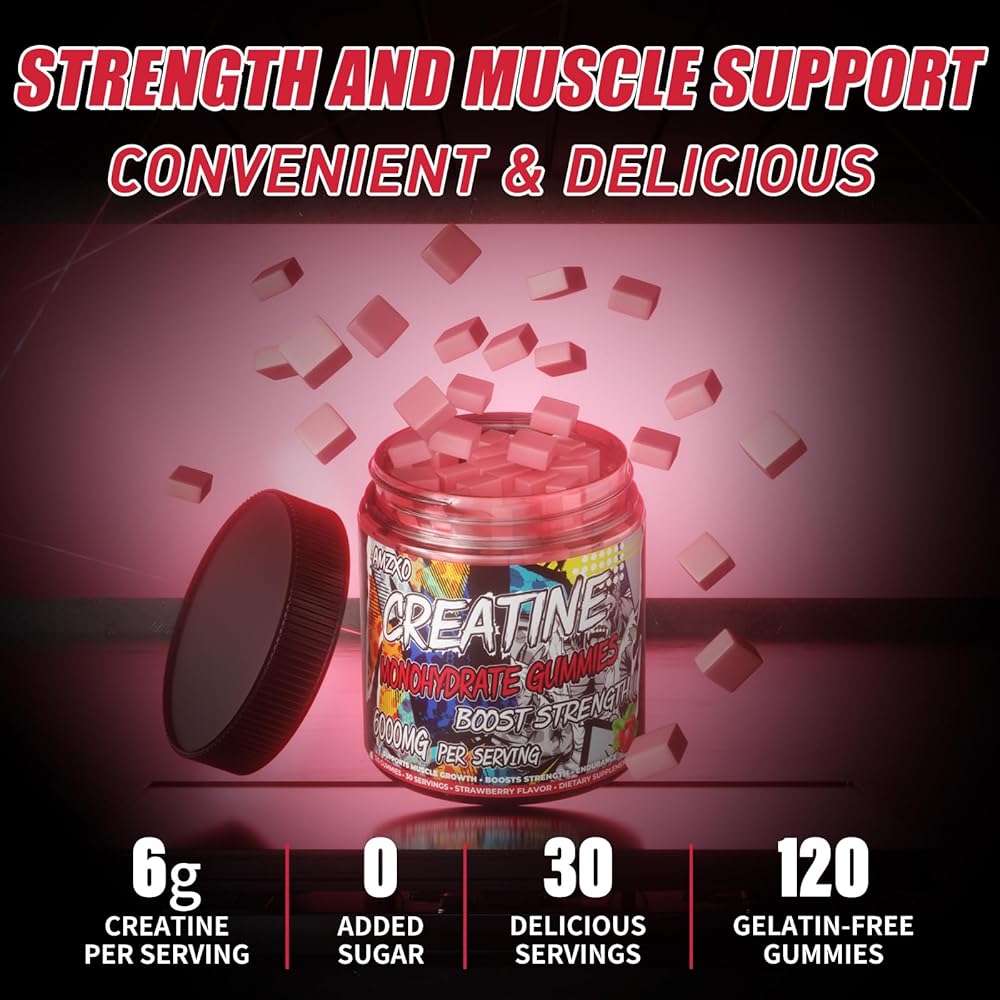 AMZXO Creatine Monohydrate Gummies 6g for Men Women,Complex Creatine Monohydrate Chewable for Muscle Strength,Muscle Building,Energy Boost,Pre-Workout Energy Supplement,Vegan Strawberry - 120 Count - Image 4