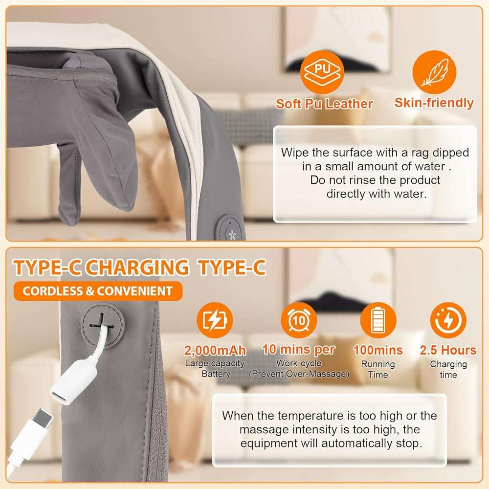 LCMWB Cordless Neck Massager with Heat, 6D Shiatsu Professional Neck Massager for Pain Relief Deep Tissue, Ergonomic Kneading Neck Back Shoulder Massager with 2 Modes/Speeds - Image 3