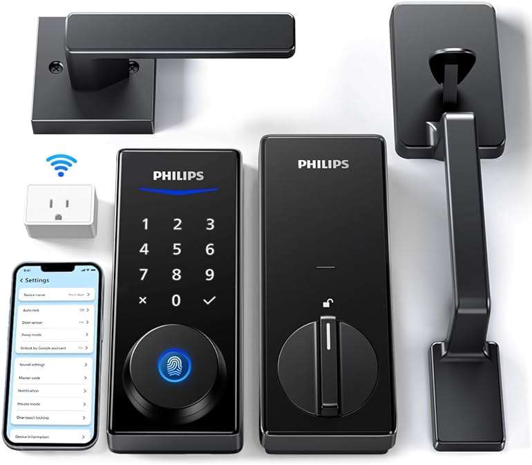 Philips Wi-Fi Smart Lock with Handle, Keyless Entry Keypad Door Lock with Handle, Front Door Deadbolt Set with WiFi Gateway, App Control, Fingerprint Unlock, PIN Code Unlock, Auto Locking - Image 1