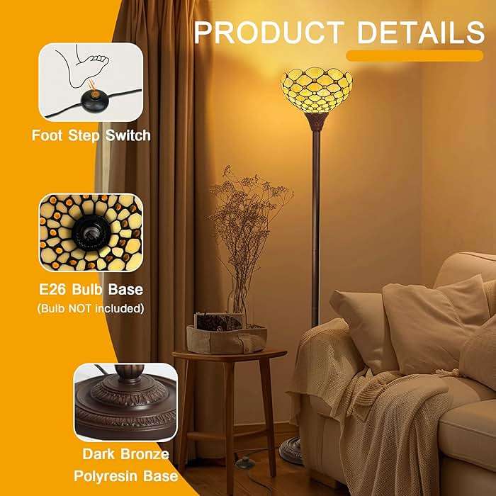 Capulina Tiffany Torchiere Floor Lamp Vintage Amber Beads Stained Glass 12X12X70 Inches - Image 2