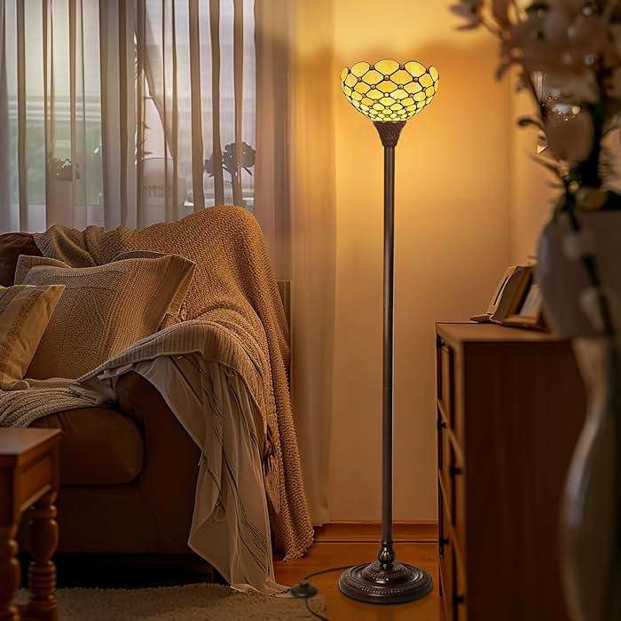 Capulina Tiffany Torchiere Floor Lamp Vintage Amber Beads Stained Glass 12X12X70 Inches - Image 6