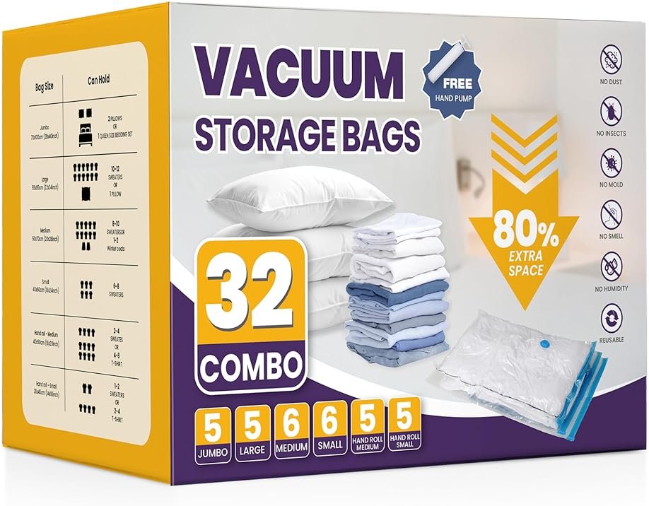 YSSOA Vacuum Storage Bags, 32-Pack Space Saver Vacuum Storage Bags, Vacuum Seal Bags for Clothing, Clothes, Comforters and Blankets Clear - Product Image