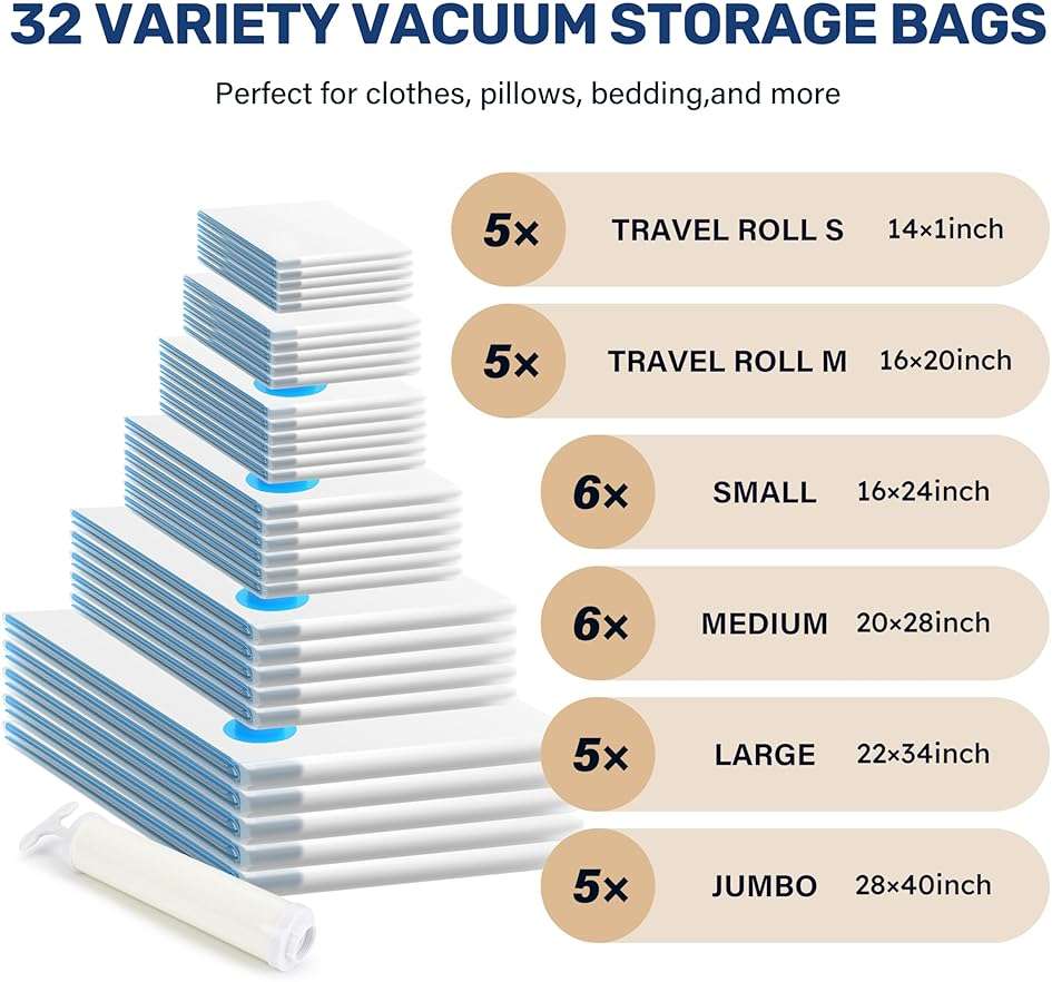 YSSOA Vacuum Storage Bags, 32-Pack Space Saver Vacuum Storage Bags, Vacuum Seal Bags for Clothing, Clothes, Comforters and Blankets Clear - Image 2