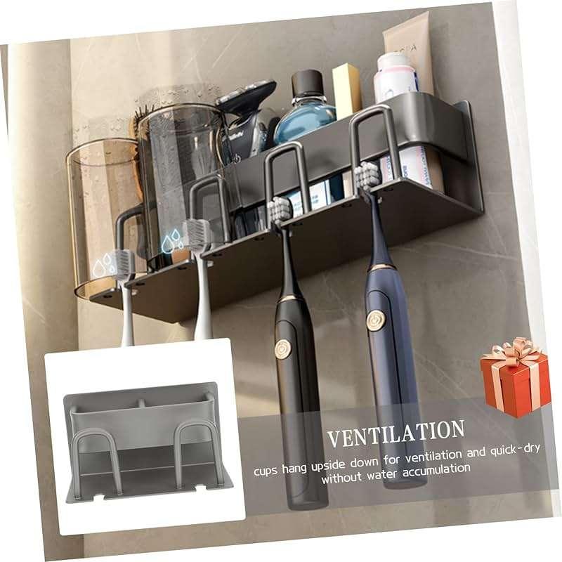 Hoement Multi-Functional Wall-Mounted Toothbrush Holder and Cup Stand for Bathroom Storage No Drilling Required for Couples Easy Installation and Organization - Image 3