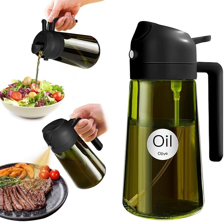 YARRAMATE 16oz/470ml Light-Blocking Dark Oil Sprayer for Cooking, 2 in 1 Olive Oil Dispenser Bottle for Kitchen, Premium Dark Green Glass Oil Bottle, Food-Grade Oil Mister for Air Fryer, BBQ (Black) - Product Image