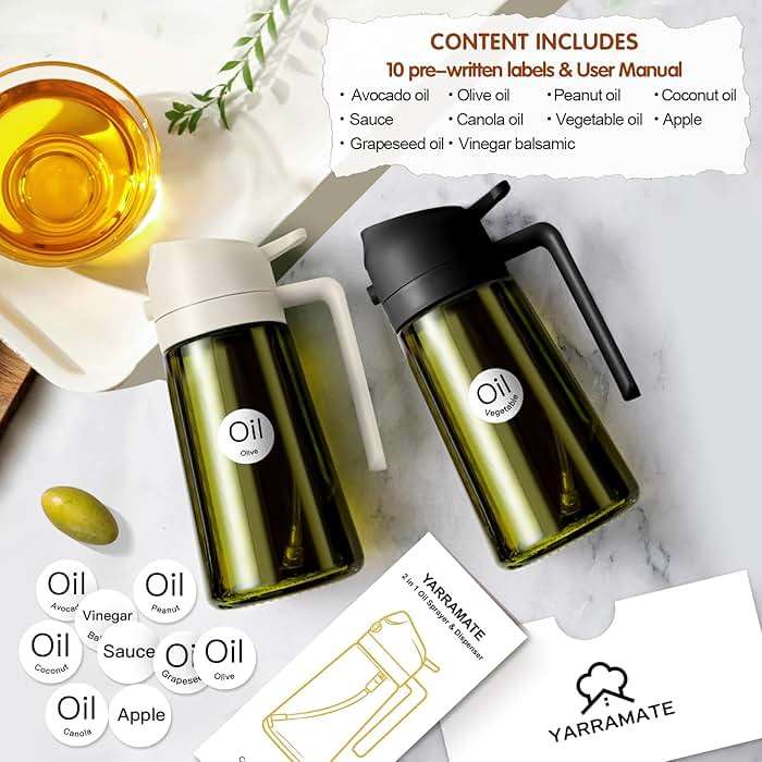 YARRAMATE 16oz/470ml Light-Blocking Dark Oil Sprayer for Cooking, 2 in 1 Olive Oil Dispenser Bottle for Kitchen, Premium Dark Green Glass Oil Bottle, Food-Grade Oil Mister for Air Fryer, BBQ (Black) - Image 2