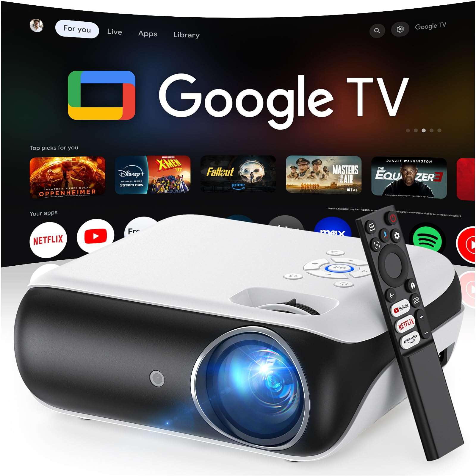 Official Licensed Google TV Smart Projector, HAPPRUN 4K UHD Home Theater with Dolby Sound, Wi-Fi & Bluetooth, Built-in Streaming Apps, Compatible with Games Consoles & Smartphone, Indoor & Outdoor Use - Image 1