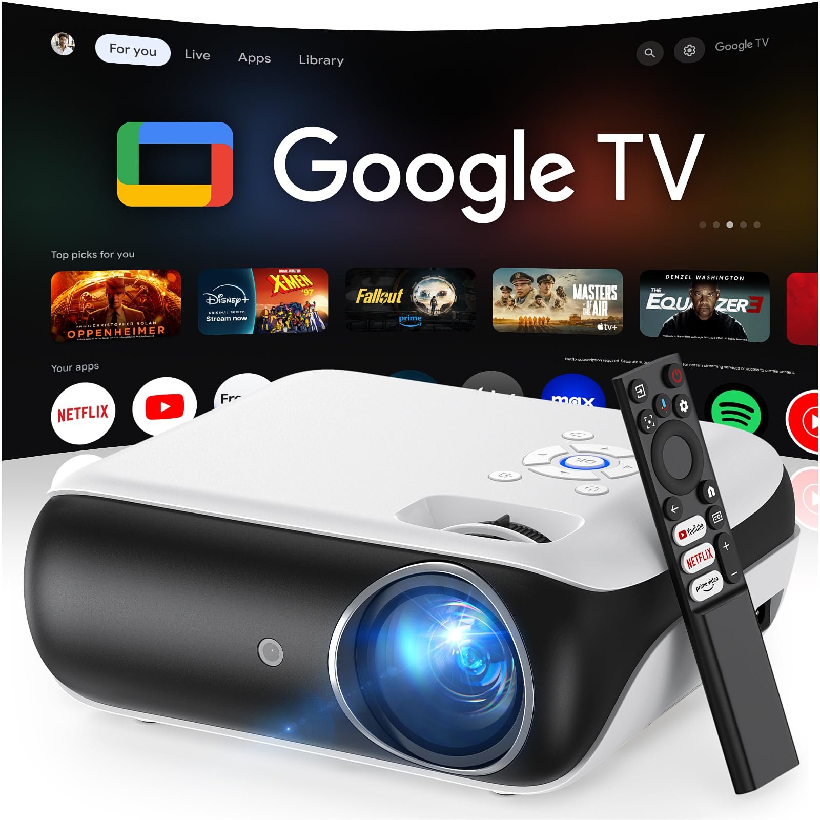 Official Licensed Google TV Smart Projector, HAPPRUN 4K UHD Home Theater with Dolby Sound, Wi-Fi & Bluetooth, Built-in Streaming Apps, Compatible with Games Consoles & Smartphone, Indoor & Outdoor Use - Product Image