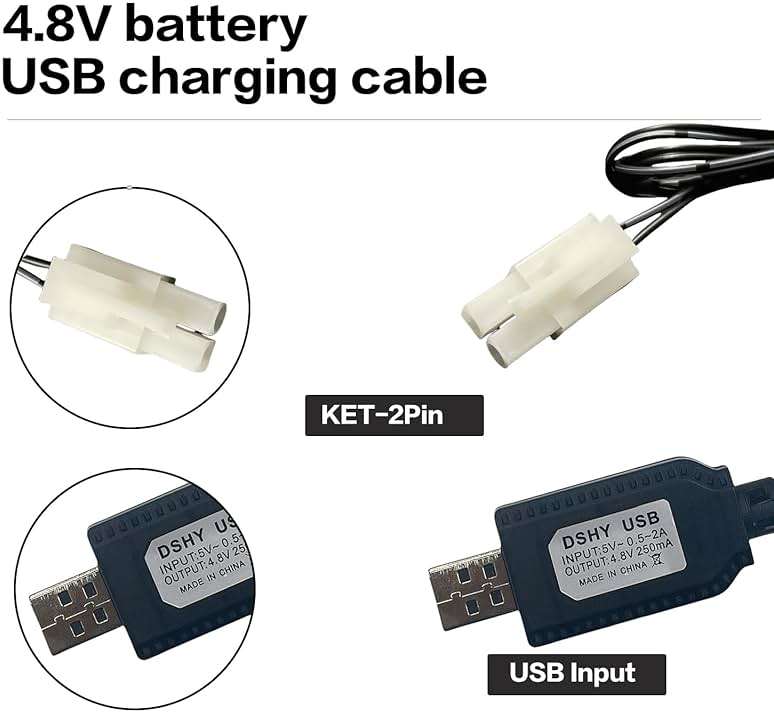 4.8V Battery Charger Cable,Compatible for Tamiya KET-2P Compatible RC Cars, RC Excavator,RC Tanks, RC Boats and Other Remote Control Toys for Universal 4.8V Lipo Battery USB Charger (1) - Image 3