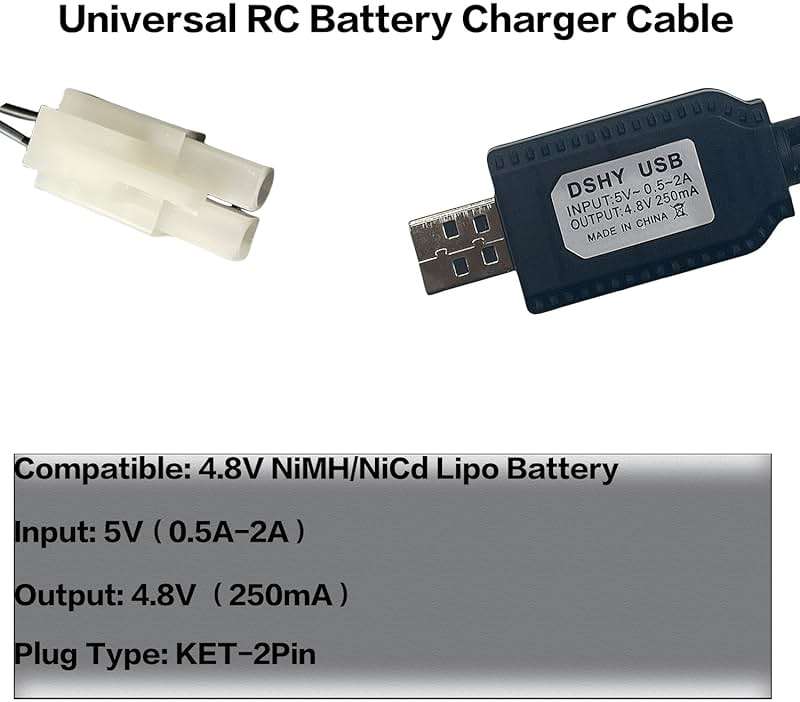 4.8V Battery Charger Cable,Compatible for Tamiya KET-2P Compatible RC Cars, RC Excavator,RC Tanks, RC Boats and Other Remote Control Toys for Universal 4.8V Lipo Battery USB Charger (1) - Image 4