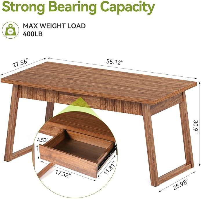 LITTLE TREE 55-Inch Home Office Desk with Drawer, Modern Minimalist Style Wooden Simple Study Writing Table, Mid-Century Log Executive Desk, Computer Desk, PC Laptop Desk Workstation, Walnut Brown - Image 3