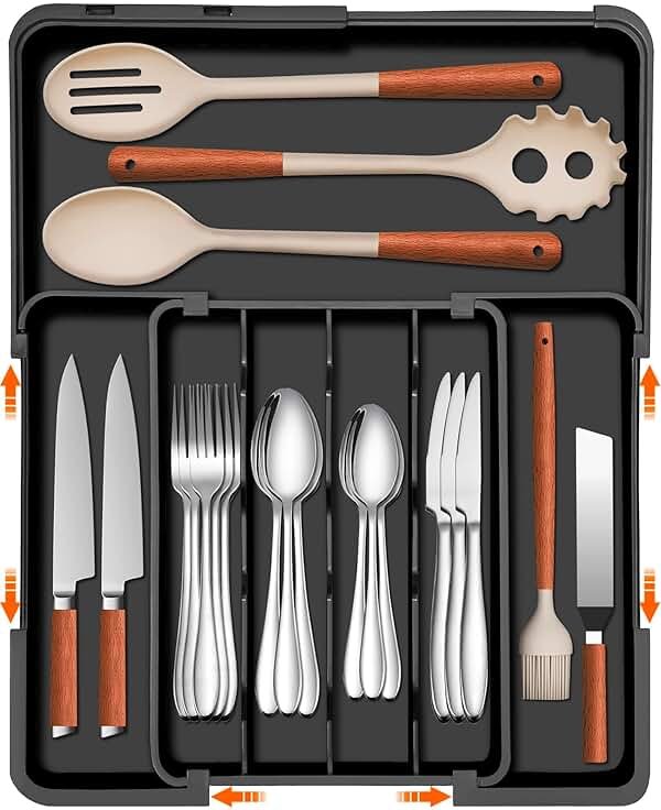 Spaclear Silverware Organizer - Expandable Kitchen Drawer Organizer, Utensil Drawer Organizer, Adjustable Plastic Flatware and Cutlery Holder, Kitchen Organizers Storage for Forks Knives, Black - Product Image
