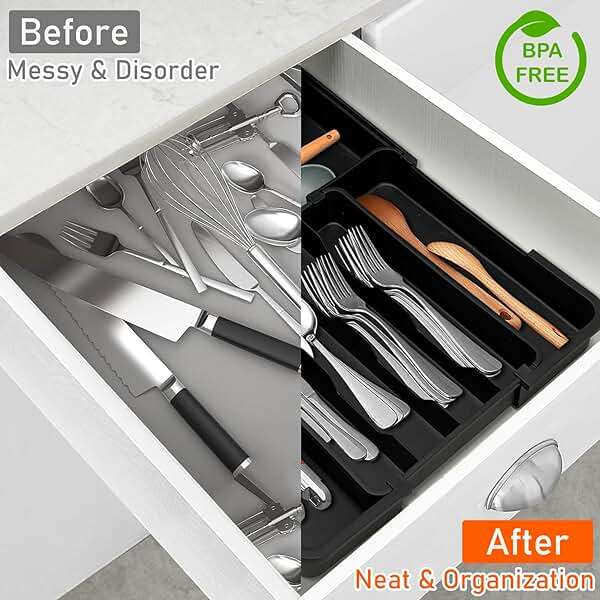 Spaclear Silverware Organizer - Expandable Kitchen Drawer Organizer, Utensil Drawer Organizer, Adjustable Plastic Flatware and Cutlery Holder, Kitchen Organizers Storage for Forks Knives, Black - Image 5