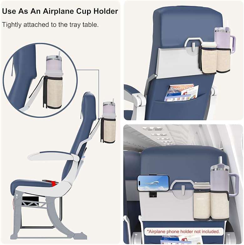 LebenHaus 2 in 1 Luggage Cup Holder for Suitcase|Airplane Tray Table Carry on Hands Free Drink Carrier for Stanley Tumblers Coffee Beverage Organizer Gifts for Travelers(Off-White) - Image 3