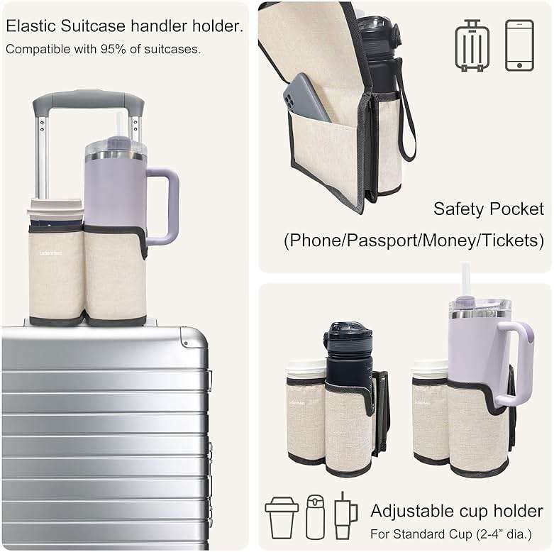 LebenHaus 2 in 1 Luggage Cup Holder for Suitcase|Airplane Tray Table Carry on Hands Free Drink Carrier for Stanley Tumblers Coffee Beverage Organizer Gifts for Travelers(Off-White) - Image 4