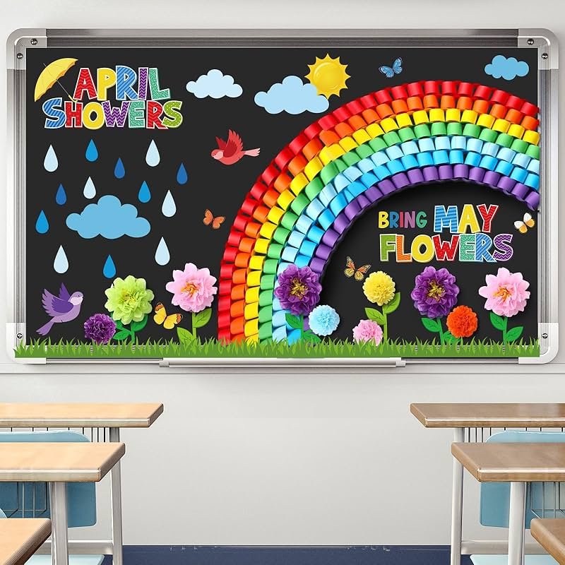 Blosssound Spring Bulletin Board Decorations April Showers Bring May Flowers Decorations 3D Spring Flower Rainbow Cutouts with Paper Flowers Blackboard Wall Decals for School Home Party Decor - Product Image