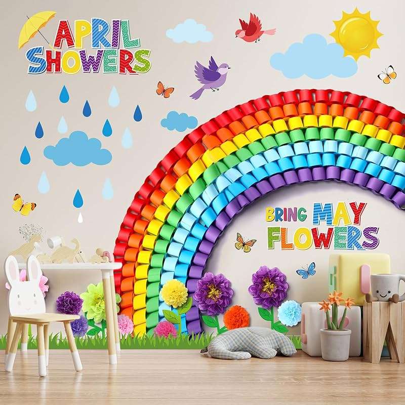 Blosssound Spring Bulletin Board Decorations April Showers Bring May Flowers Decorations 3D Spring Flower Rainbow Cutouts with Paper Flowers Blackboard Wall Decals for School Home Party Decor - Image 4