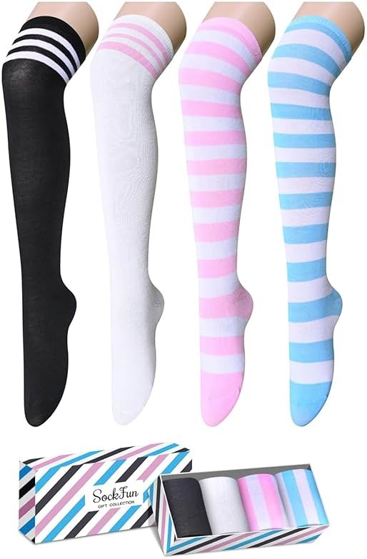 Christmas Thigh High Socks - Halloween Striped Knee High Socks for Women & Teen Girls 4 Pack - Product Image