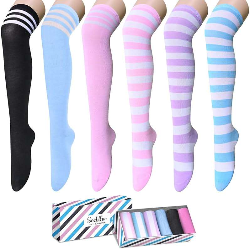 sockfun Striped Thigh High Socks - Christmas Over the Knee High Stockings for Women Teen Girls - Image 1
