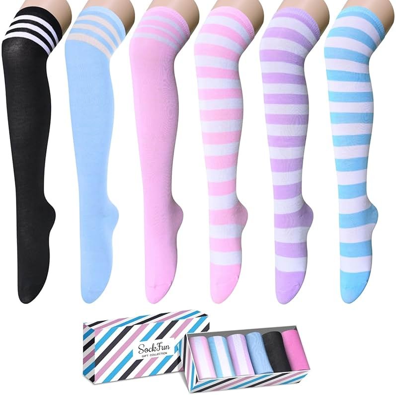 sockfun Striped Thigh High Socks - Christmas Over the Knee High Stockings for Women Teen Girls - Product Image